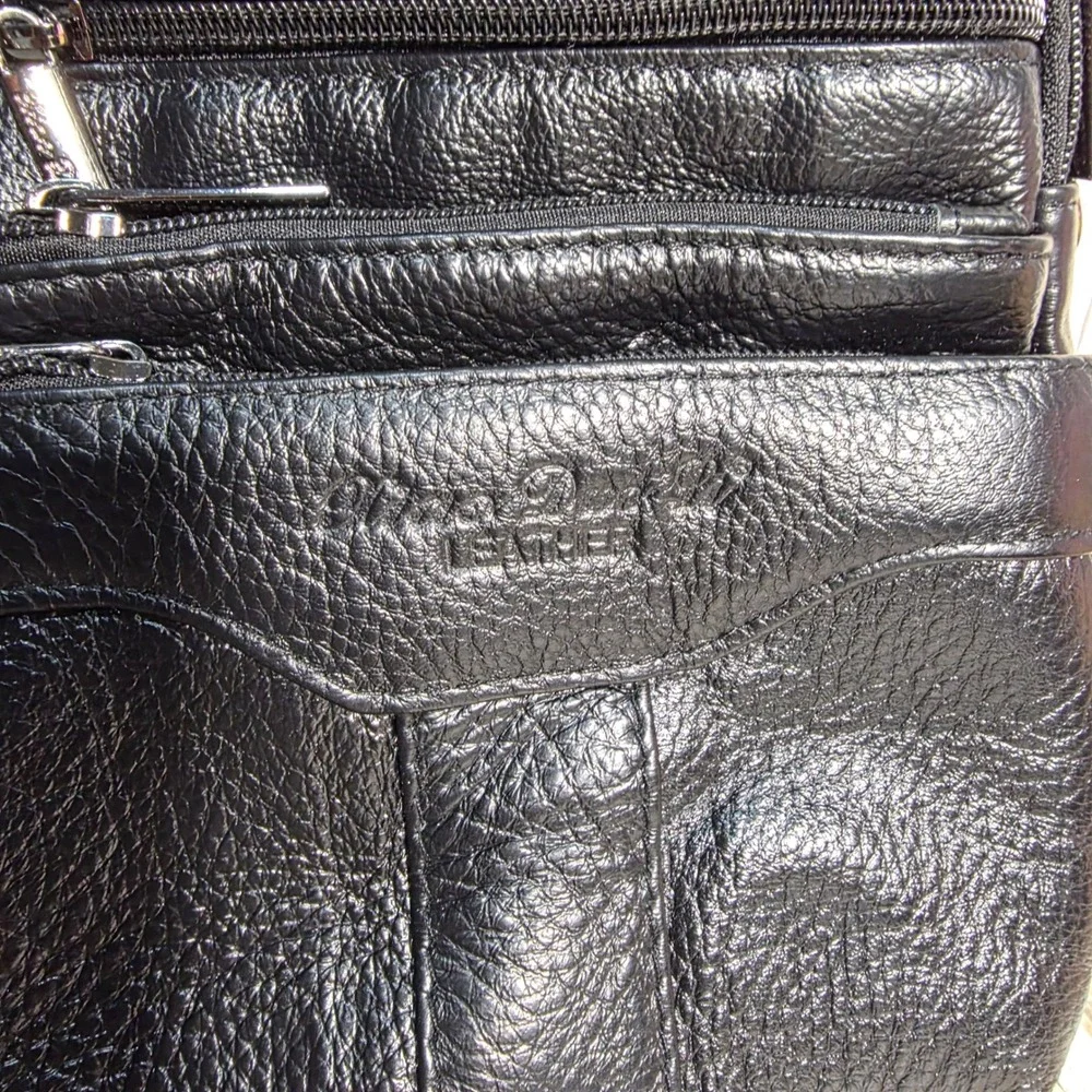 Xiao Duo Li Black Genuine Leather Messenger Crossbody Bag Multi Pocket Travel